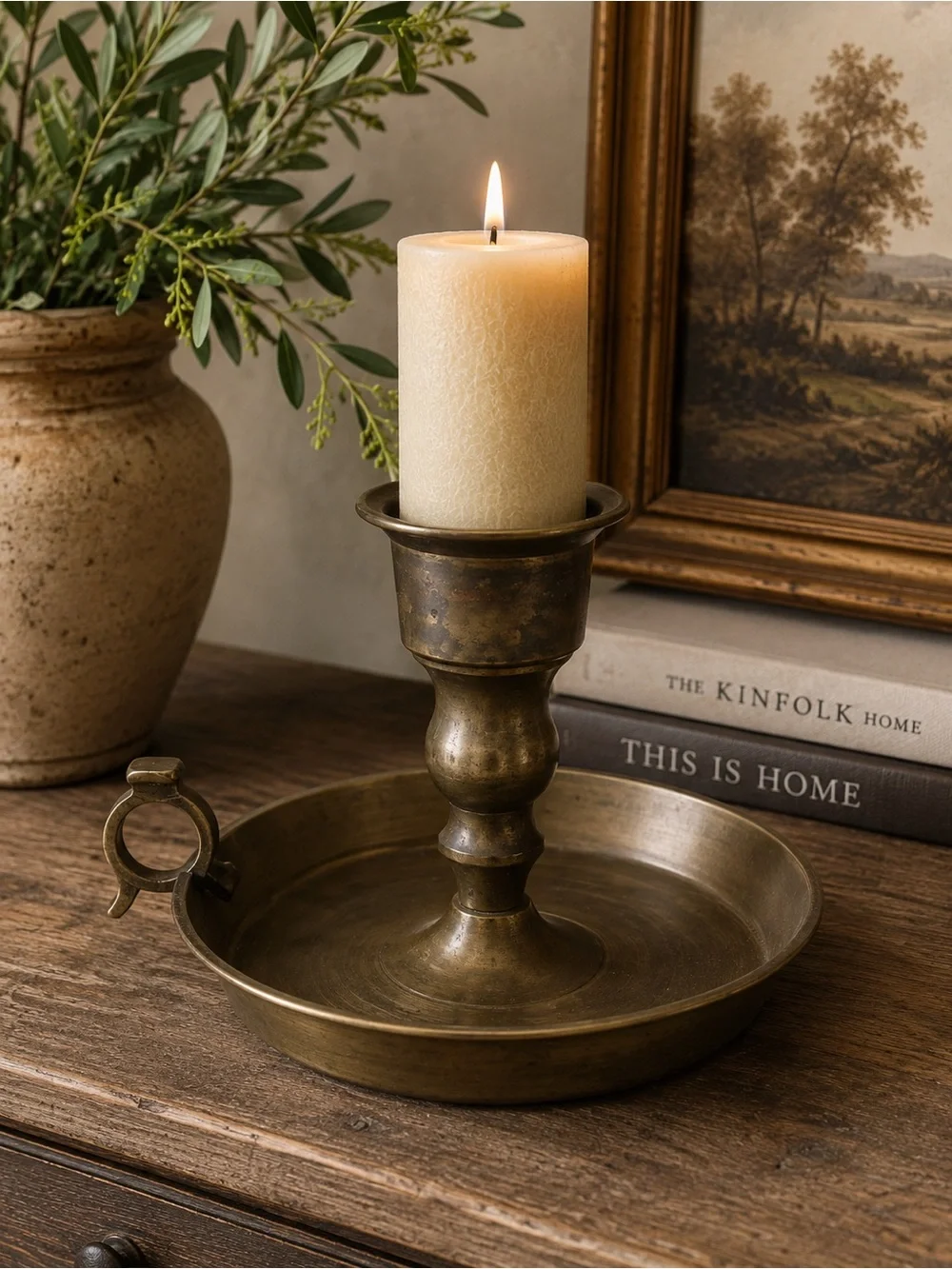 Antique Brass Candle Holder with Tray - Cream Pillar Candle